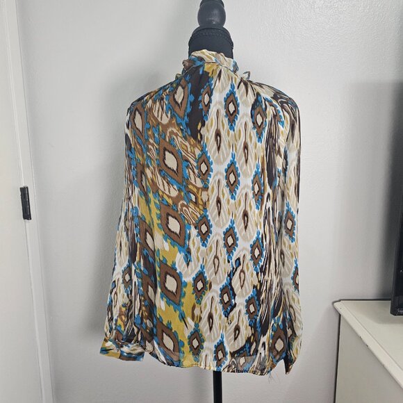 Adore Ruffle Neck Chiffon Blouse Blue Yellow Ikat Abstract Sheer Top Size Medium - Picture 3 of 6